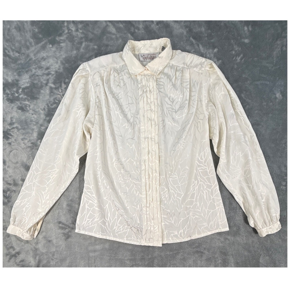 Vtg 80s Ascot Collection Lady Arrow White Leaf Jacquard Blouse Sz 10 Long Sleeve